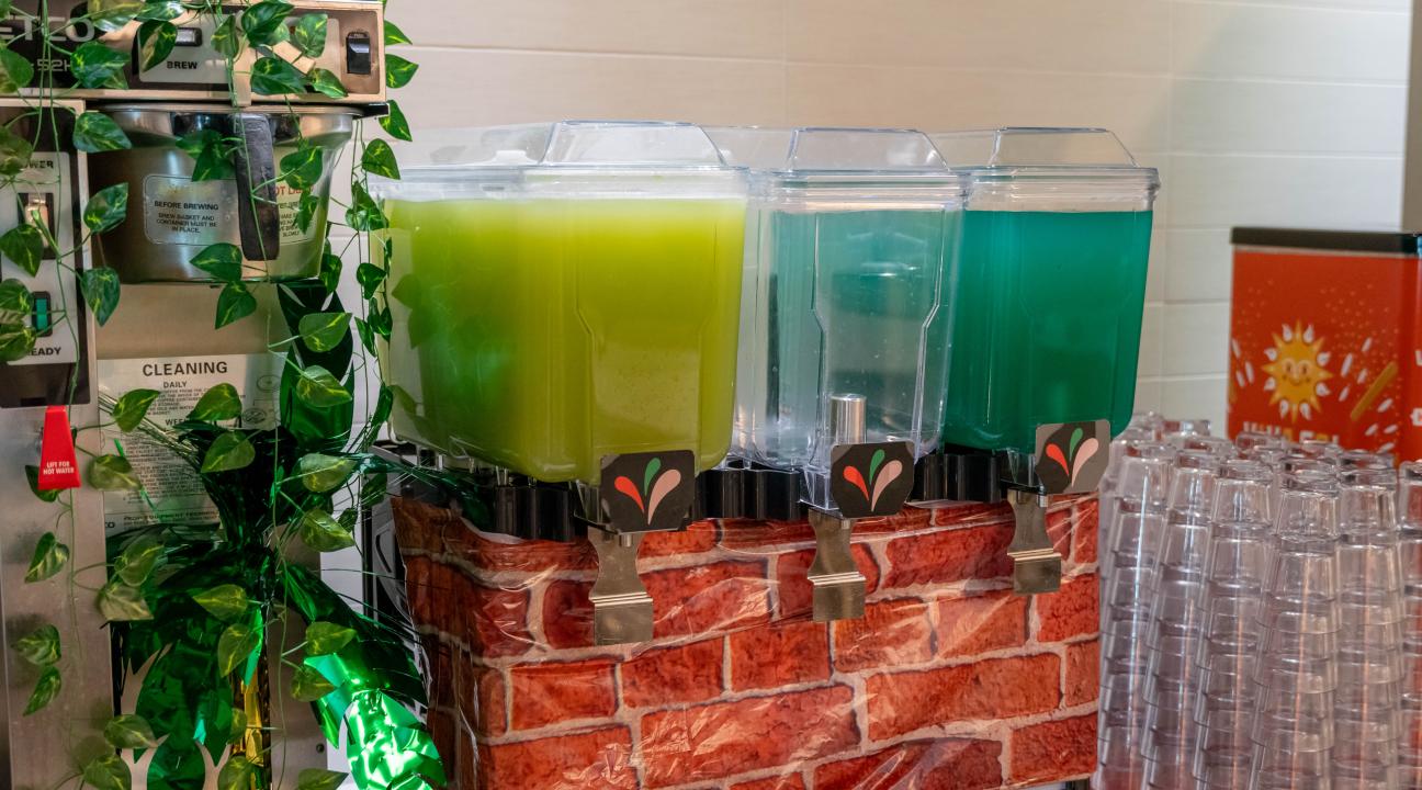 Bight green and blue drinks in beverage dispsensors