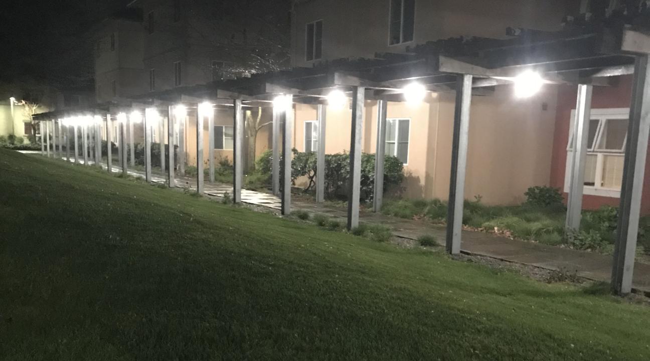 photo of LED lights in front of dorm building