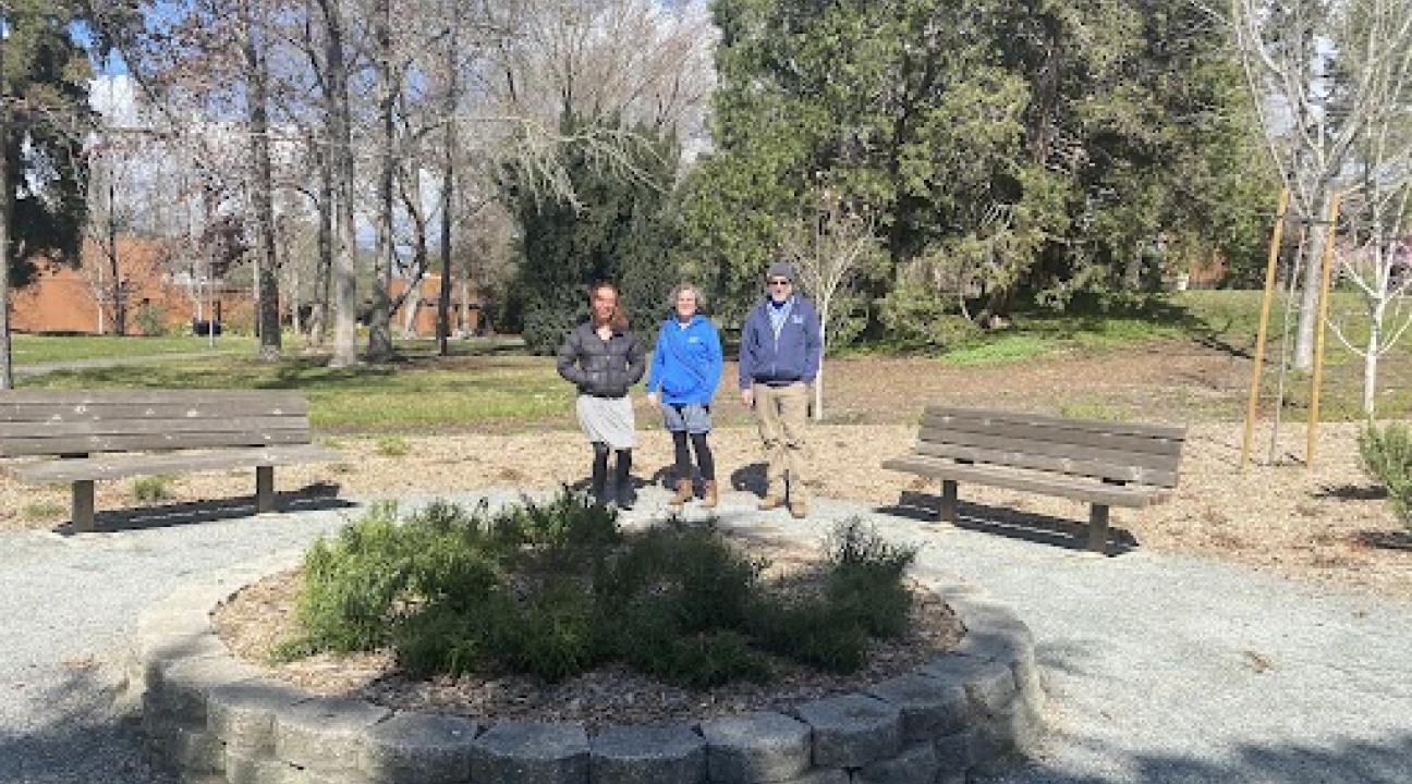 photo of three people standing between benches with greenery in front of them.