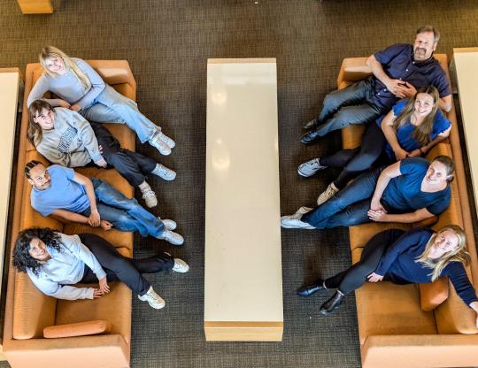 Aerial shot of the CES team in the student center lobby