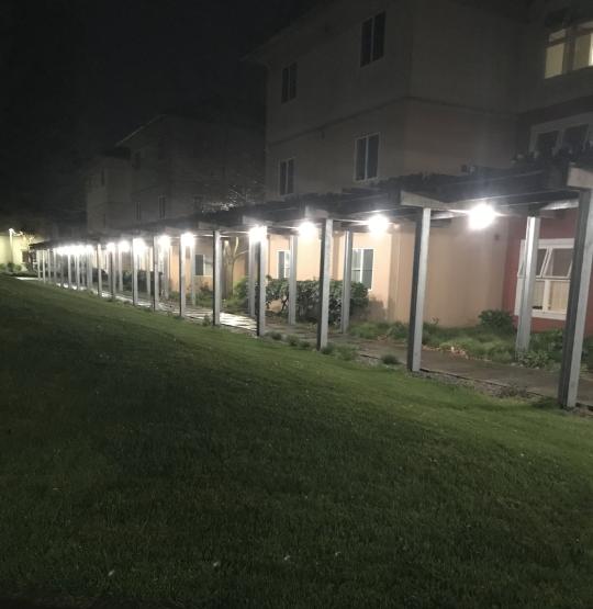 photo of LED lights in front of dorm building